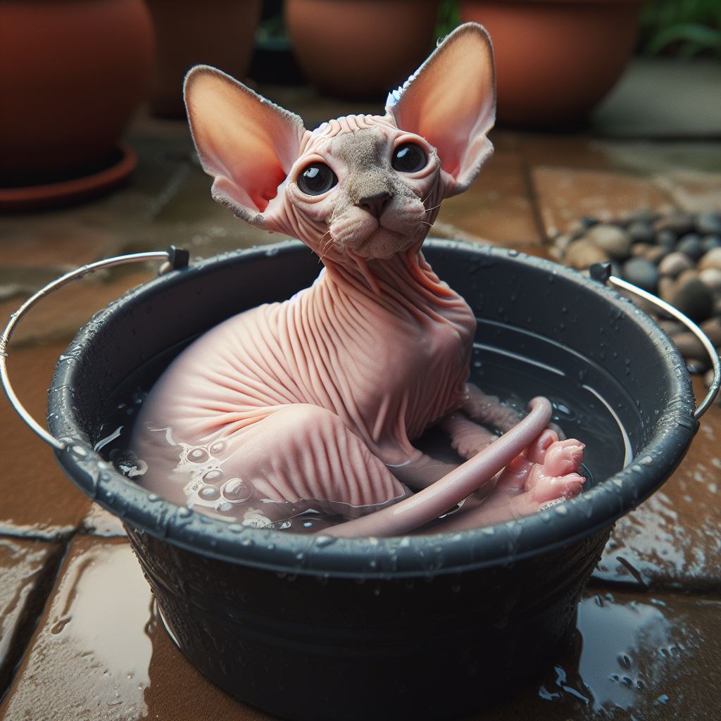chat prend son bain seau