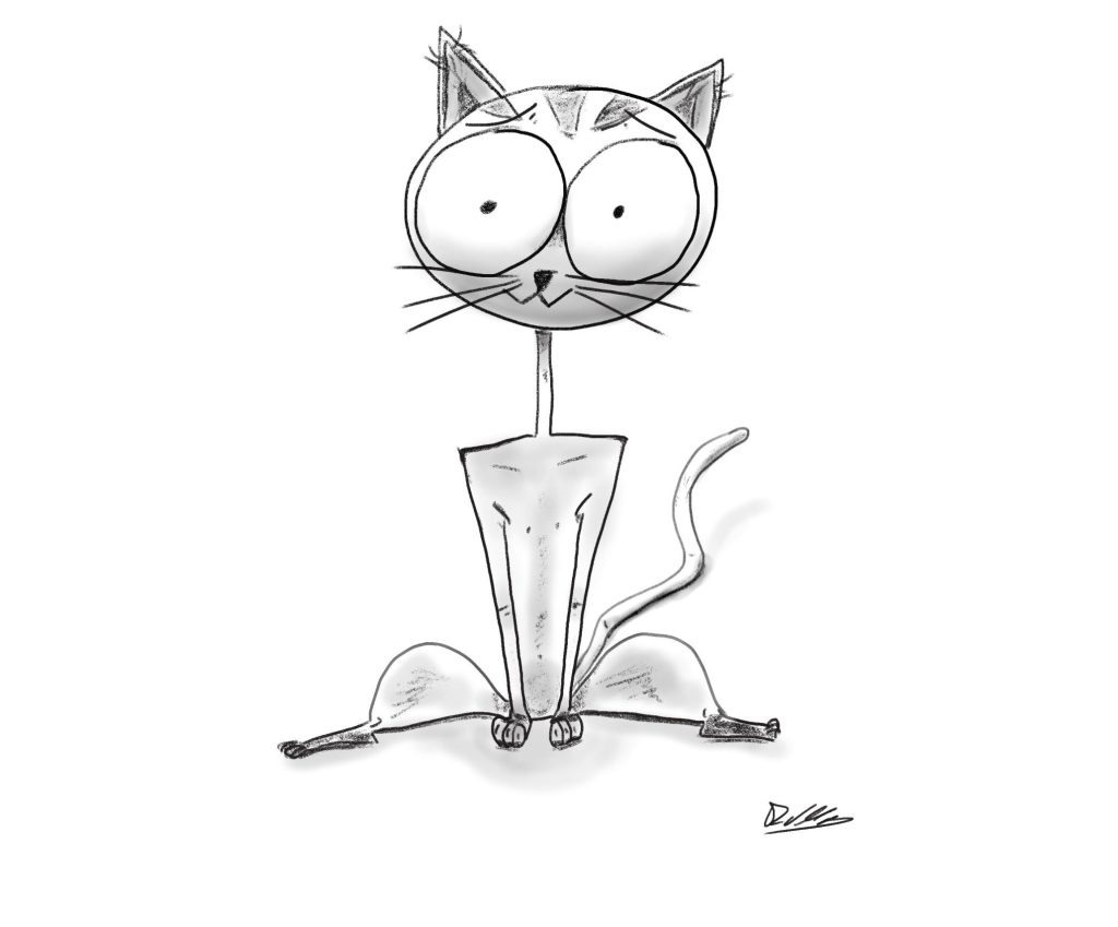 dessin de chat innocent assis par terre. ©OR.