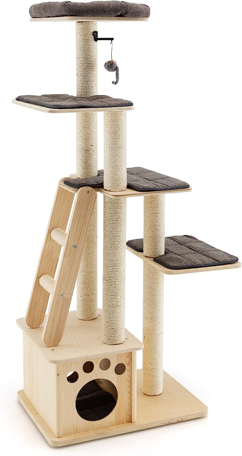 cadeau pour chat GOPLUS Arbre à Chat XXL 170 CM en Bois avec Nid, Perchoir, 3 Plates-Formes