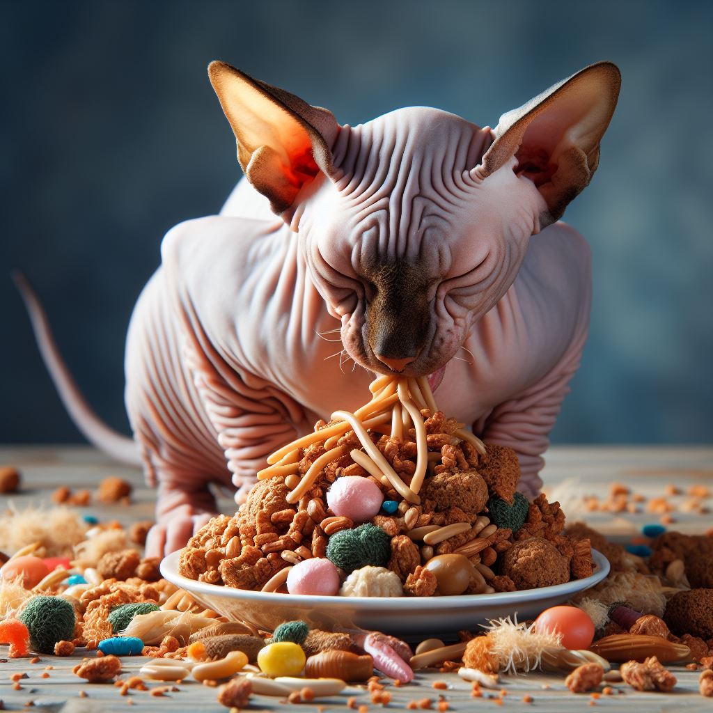 chat sans poils avec nourriture
