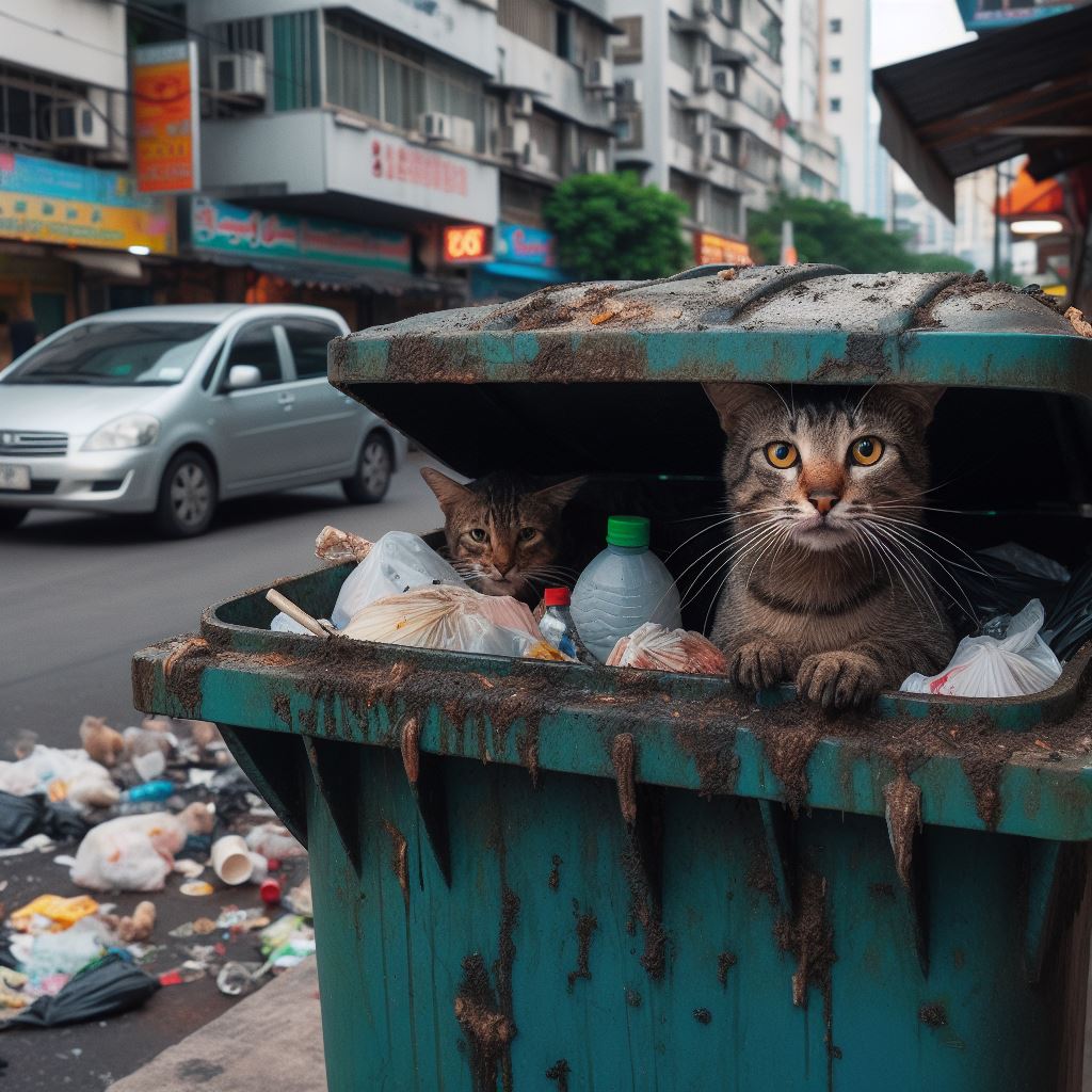 chat d'égout dans une poubelle